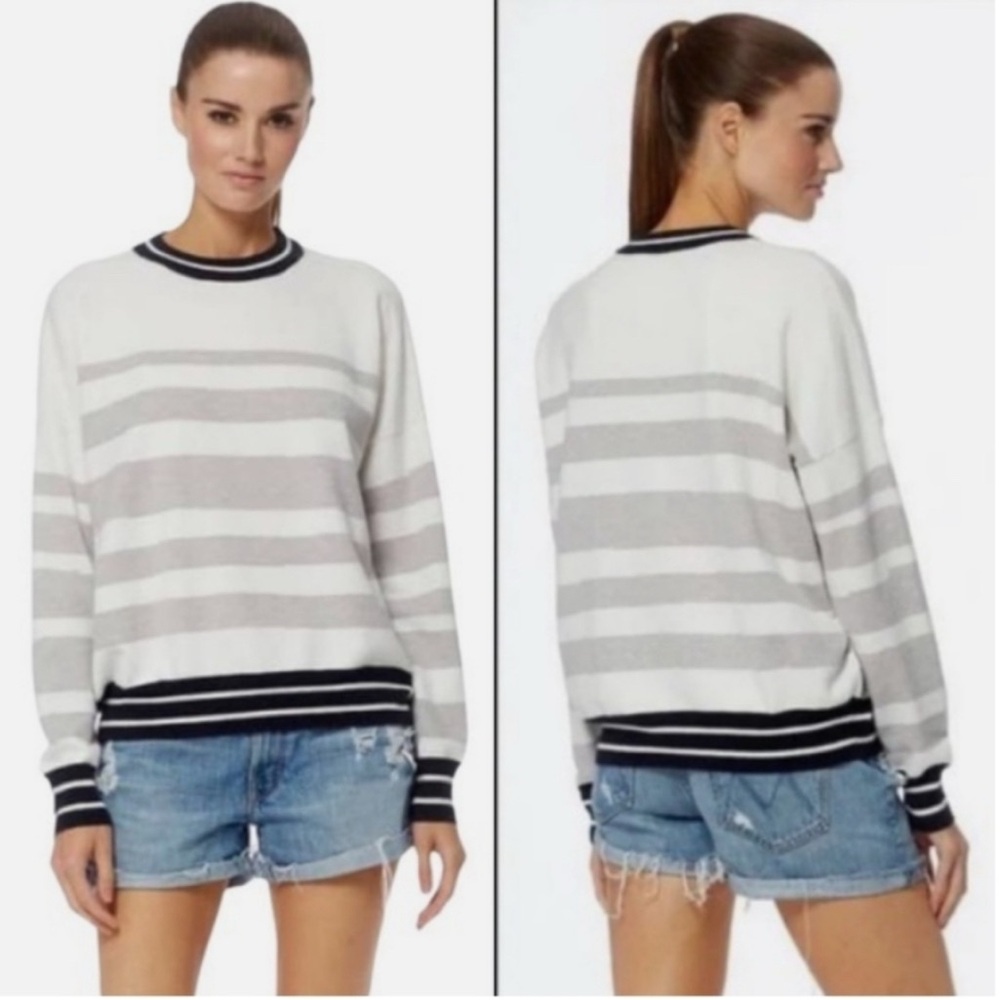 360 Cashmere White and Gray Striped Sweater - Cotton/Cashmere Mix